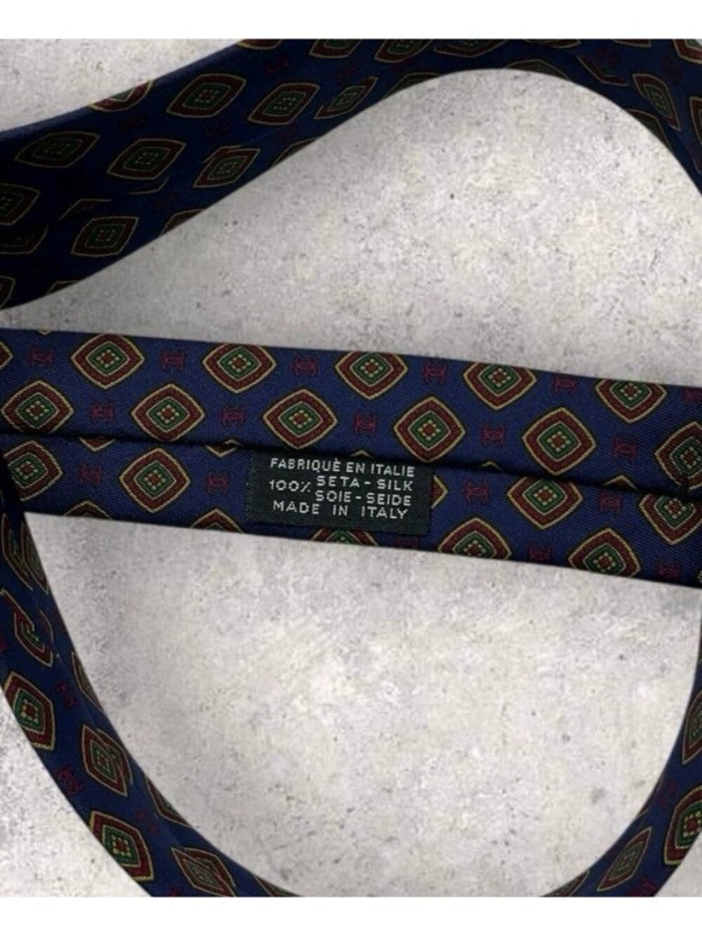 CHANEL VINTAGE Silk Tie ITALY Blue Burgundy Geometric Monogram Logo W:3.2" EUC - Picture 3 of 6